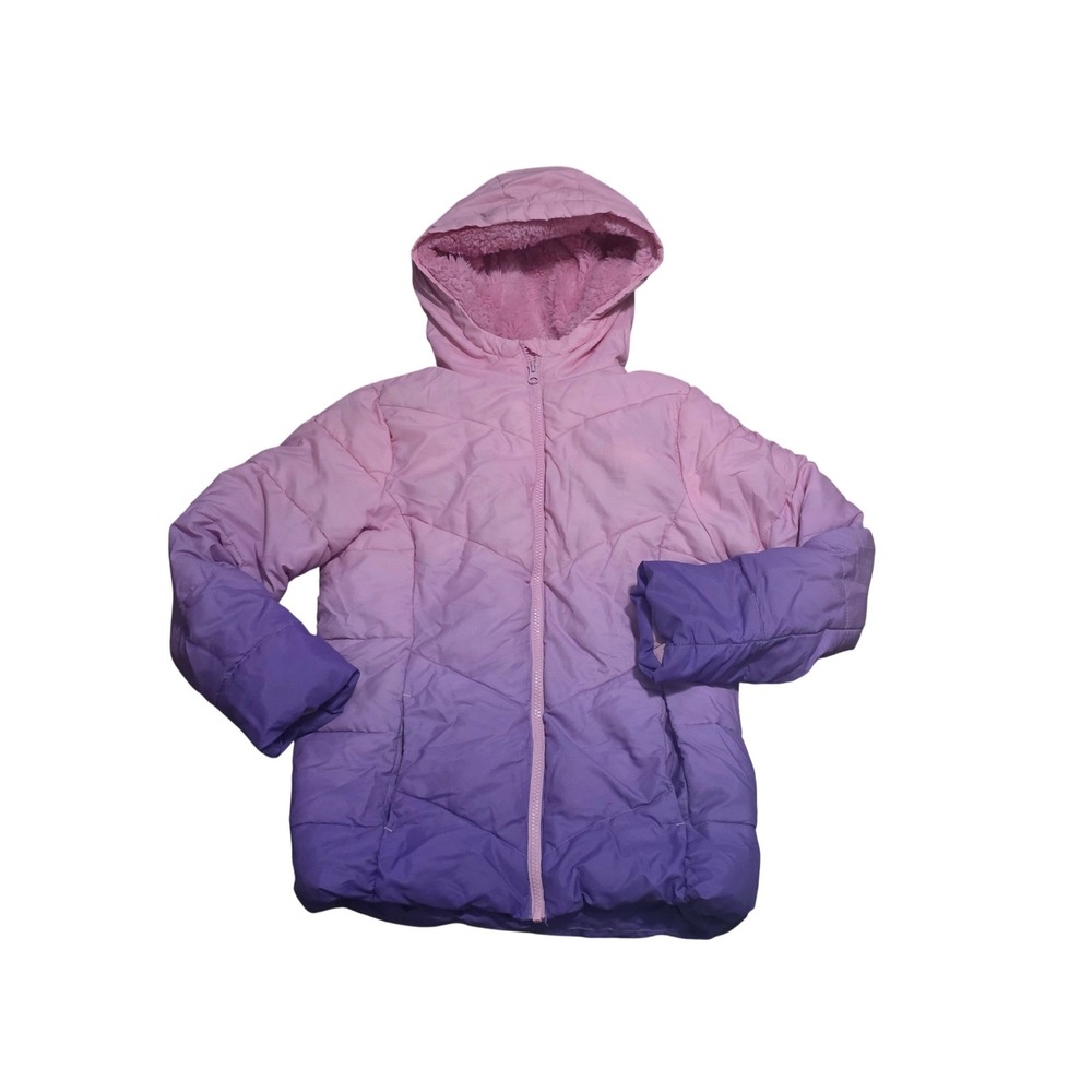 Swiss Tech Girls Pink Purple Ombre Puffer Jacket Hooded Winter Coat Size L 10-12